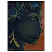 'Krishna in Meditation' - Signed Expressionist Painting of Krishna from India
