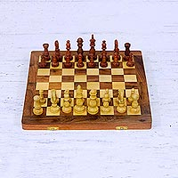 Wood chess set, 'Sunday Pastime' - Floral Wood Chess Set with Playing Pieces and Storage