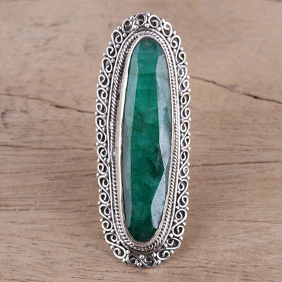 Swirl Sterling Silver and Green Agate Oblong Cocktail Ring