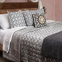 Reversible cotton quilt and pillow covers, 'Misty Morning' (3 piece set) - Grey and White Block Print Quilt and Pillow Covers (3 Pc)