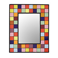 Ceramic tile wall mirror, 'Vibrant Quadrangles' - Multi-Colored Square Tiles Ceramic Mango Wood Wall Mirror