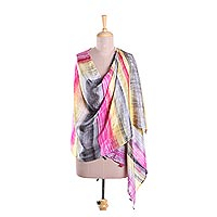 Silk shawl, 'Dramatic Day' - Fuchsia and Multi-Color Striped Hand Printed 100% Silk Shawl