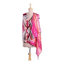 Silk shawl, 'Sizzling Sunrays' - Red and Multi-Color Striped Hand Printed 100% Silk Shawl