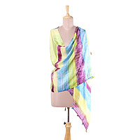 Silk shawl, 'Spring Carnival' - Block-Printed Striped Silk Shawl Crafted in India
