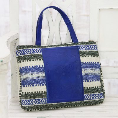 Leather accent cotton handbag, Alluring Geometry