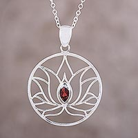 Garnet pendant necklace, 'Lotus Heart' - Garnet Sterling Silver Lotus Flower Pendant Necklace