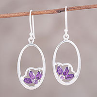 Amethyst dangle earrings, 'Petite Violet' - Handcrafted Amethyst Sterling Silver Oval Dangle Earrings