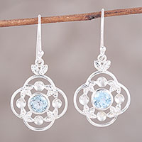 Blue topaz dangle earrings, 'Flower Circle' - Blue Topaz Sterling Silver Rounded Flower Dangle Earrings