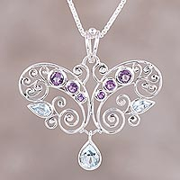 Amethyst and blue topaz pendant necklace, 'Elegant Flutter' - Handmade Amethyst and Blue Topaz Pendant Necklace from India