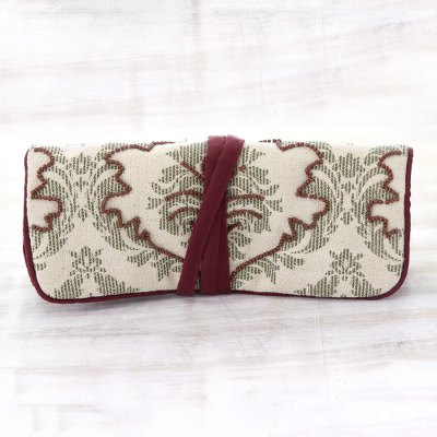 Cotton jewelry roll, 'Treasure Wrap' - Olive and Antique White Burgundy Trim Cotton Jewelry Roll