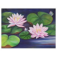 'Lotus Splendor' - Signed Realist Painting of Lotus Flowers from India