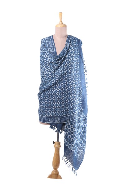 Cotton and wool blend shawl, Indigo Diamonds