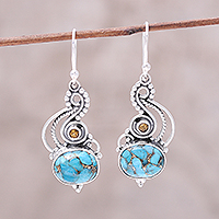 Citrine dangle earrings, 'Friendship Token' - Sterling Silver Citrine Composite Turquoise Dangle Earrings