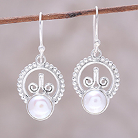 Cultured pearl dangle earrings, 'Crowned Pearl' - Cultured Freshwater Pearl Sterling Silver Dangle Earrings
