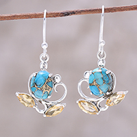 Citrine dangle earrings, 'Golden Blooms' - Citrine and Composite Turquoise Flower Dangle Earrings