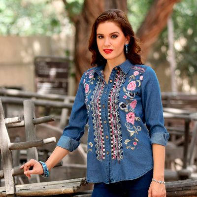 Denim blouse, 'Roses and Pansies' - Handcrafted Blue Cotton Denim Embroidered Long Sleeve Blouse