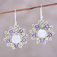 Multi-gemstone dangle earrings, 'Goddess Blooms' - Sterling Silver Rainbow Moonstone Floral Dangle Earrings