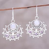 Rainbow moonstone and amethyst dangle earrings,
