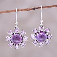 Amethyst dangle earrings, 'Purple Reflection' - Sterling Silver and Purple Amethyst Floral Dangle Earrings