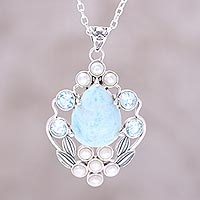 Multi-gemstone pendant necklace, 'Basket of Blossoms' - Blue Topaz and Cultured Pearl Necklace with Larimar