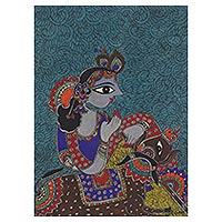 Madhubani painting, 'Krishna the Cowherd' - Madhubani Painting of Hindu God Krishna from India