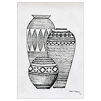 'The Pot II' - Signed Ink Painting of Three Pots from India