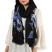 Wool shawl, 'Late Night Blossom' - Floral Motif Screen-Printed Wool Shawl from India