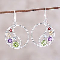 Multi-gemstone dangle earrings, 'Sparkling Loop' - Circular Multi-Gemstone Dangle Earrings from India