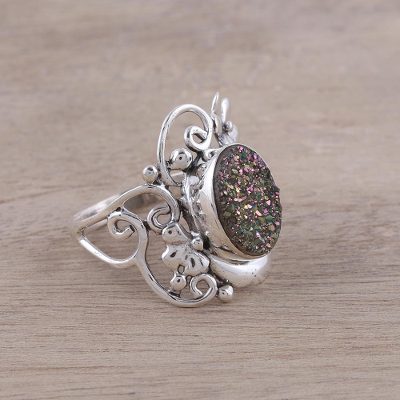 Drusy Quartz and Sterling Silver Floral Motif Cocktail Ring