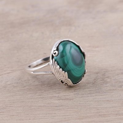 Sterling Silver Green Malachite Art Deco Cocktail Ring
