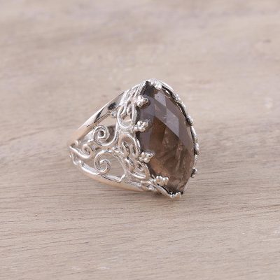Smoky Quartz and Sterling Silver Openwork Cocktail Ring