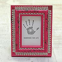 Wood photo frame, 'Spring Memories' (4x6) - Leaf Motif Aluminum and Wood Photo Frame (4x6) from India