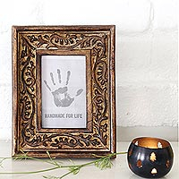 Wood photo frame, 'Forest Window' (4x6) - Hand Carved Vine Motif Mango Wood Photo Frame (4x6)