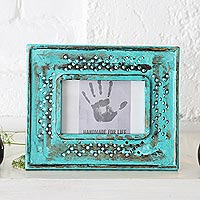 Wood photo frame, 'Blossom Meadow' (4x6) - Green Hand Carved Flower Cutouts Wood Photo Frame (4x6)