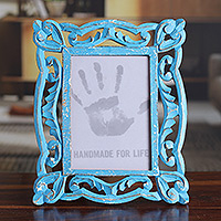 Wood photo frame, 'Memory Keeper' (5x7) - Hand-Carved Blue Shabby-Chic Mango Wood Photo Frame 5x7