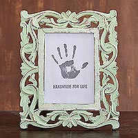 Wood photo frame, 'Moment in Time' (5x7) - Sage Green Distressed Hand Carved Mango Wood Photo Frame 5x7