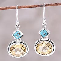 Citrine dangle earrings, 'Watery Gold' - Nine-Carat Citrine and Composite Turquoise Earrings