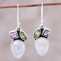 Rainbow moonstone dangle earrings, 'Glistening Dazzle' - Teardrop Rainbow Moonstone Peridot and Amethyst Earrings