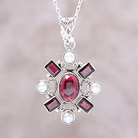 Garnet and cultured pearl pendant necklace, 'Alluring Style' - Garnet and Cultured Pearl Pendant Necklace from India