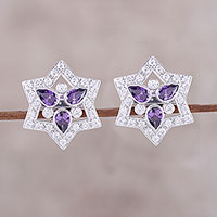 Rhodium plated sterling silver button earrings, 'Glistening Star' - Rhodium Plated Sterling Silver Button Earrings from India