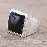 Onyx ring, 'Might' - Modern Black Onyx Ring Crafted in India