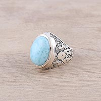 Larimar cocktail ring, 'Oval Enigma' - Larimar and Sterling Silver Cocktail Ring Crafted in India