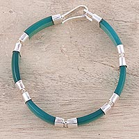 Onyx link bracelet, 'Sea Ribbons' - Handcrafted Green Onyx and Sterling Silver Link Bracelet