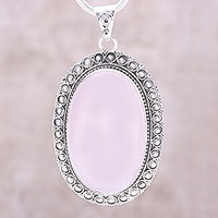 Rose quartz pendant necklace, 'Fairest Beauty' - Large Oval Rose Quartz and Sterling Silver Pendant Necklace