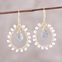 Gold plated labradorite and rose quartz dangle earrings,