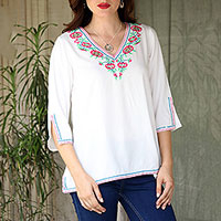 Floral Embroidered Viscose Tunic from India,'Floral Blast'