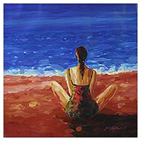 'A Sea of Reverie' - Expressionist Painting of a Woman at the Beach from India