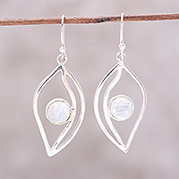 Rainbow moonstone dangle earrings, 'Leafy Glimmer' - Leaf-Shaped Rainbow Moonstone Dangle Earrings from India