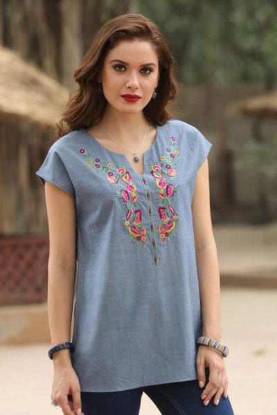 Cotton tunic, 'Welcome Spring' - Blue Cotton Floral Embroidery Casual Blouse with Fringe
