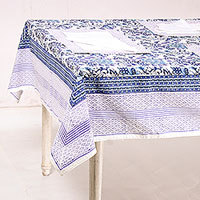 Cotton table linen set, 'Royal Garden' (set for 6) - Floral Cotton Table Linen Set in Blue from India (Set for 6)